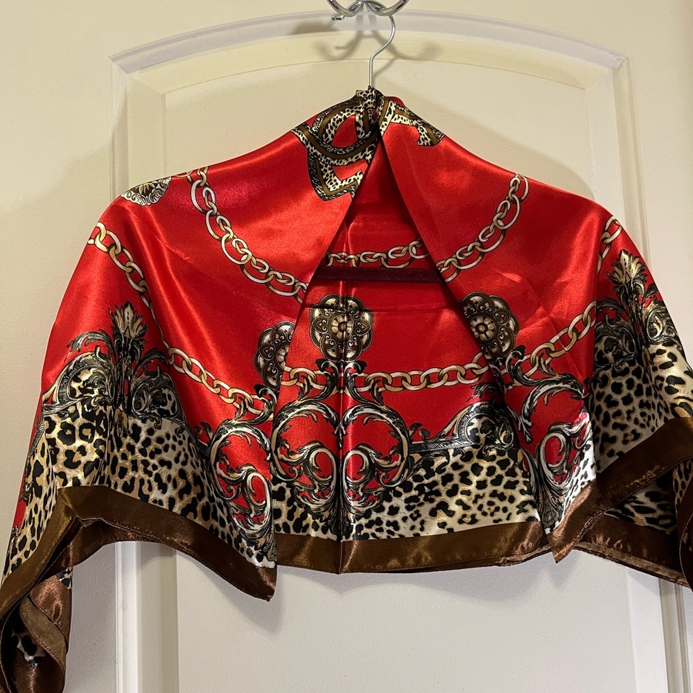 NWOT Elegant Red and Brown Silk Scarf 34 x35 inches